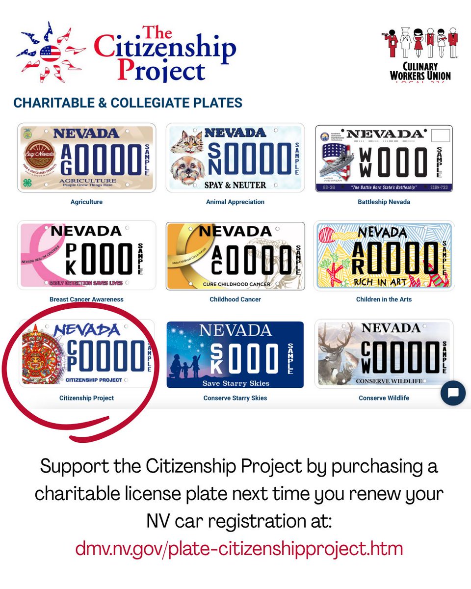 Citizenship Project at Culinary Union:
📍5241 Spring Mountain Road Las Vegas, NV 89146
📆 Monday - Friday 
⏰ 8a-12pm, 1-4p

🔗 Registering your car soon? Consider supporting by getting a charitable Citizenship Project license plate! dmv.nv.gov/platescharitab…