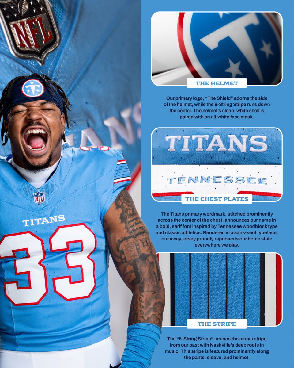 MGutierrezNFL's tweet photo. Momento del veredicto...

Me gustó muchisimo la nueva identidad de mis @Titans!!! 

El uniforme es un claro homenaje al pasado como Oilers 😍

Los nuevos detalles, incluyendo el logo están muy chidos. Especialmente los detalles de la guitarra por ser la Music City. https://t.co/NN4dLPP58q