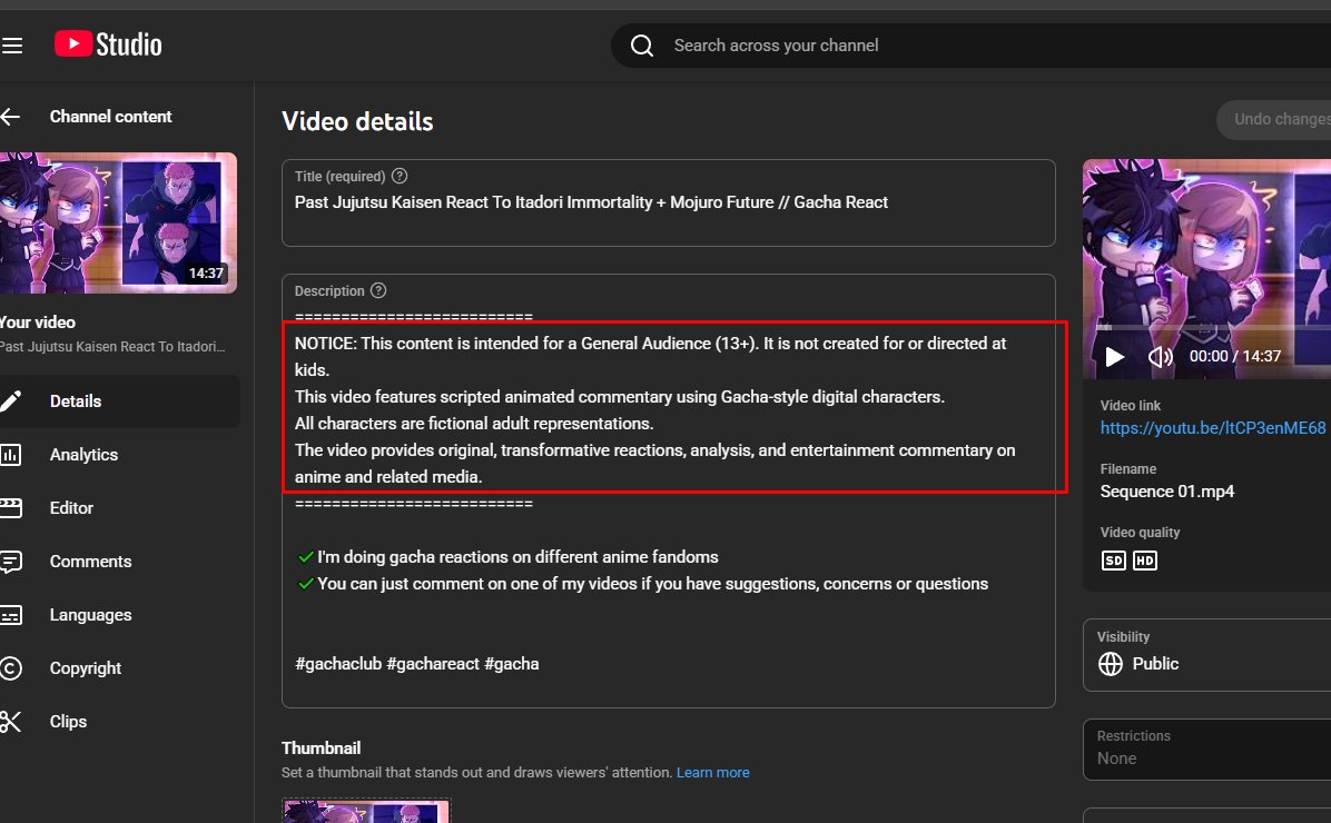 MemusSan's tweet photo. Hello @TeamYouTube @mws 

My channel was recently demonetized.
The original reason was “Harmful content involving minors”, but later it was changed to “Misleading family content”.
Because the reason changed, I believe this may be a classification error by the automated system.
My videos are fictional Gacha reaction animations based on anime and are marked Not made for kids.
According to my analytics, 98% of my audience is over 18.
I kindly ask for a manual review of my channel.

Channel: https://t.co/mx1myoOEJu