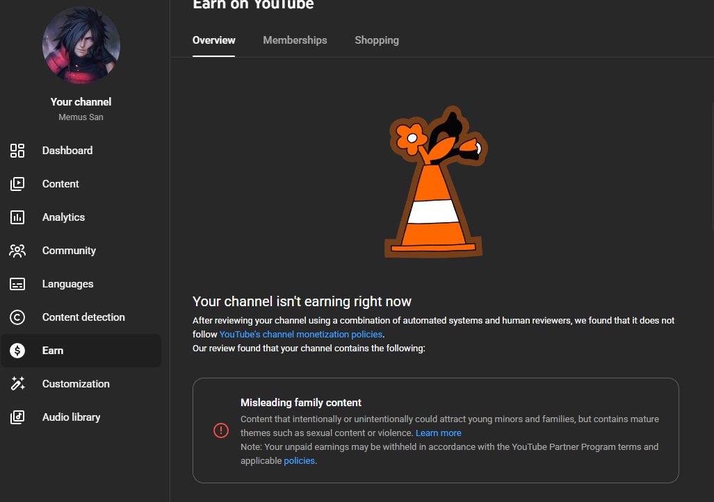 MemusSan's tweet photo. Hello @TeamYouTube @mws 

My channel was recently demonetized.
The original reason was “Harmful content involving minors”, but later it was changed to “Misleading family content”.
Because the reason changed, I believe this may be a classification error by the automated system.
My videos are fictional Gacha reaction animations based on anime and are marked Not made for kids.
According to my analytics, 98% of my audience is over 18.
I kindly ask for a manual review of my channel.

Channel: https://t.co/mx1myoOEJu