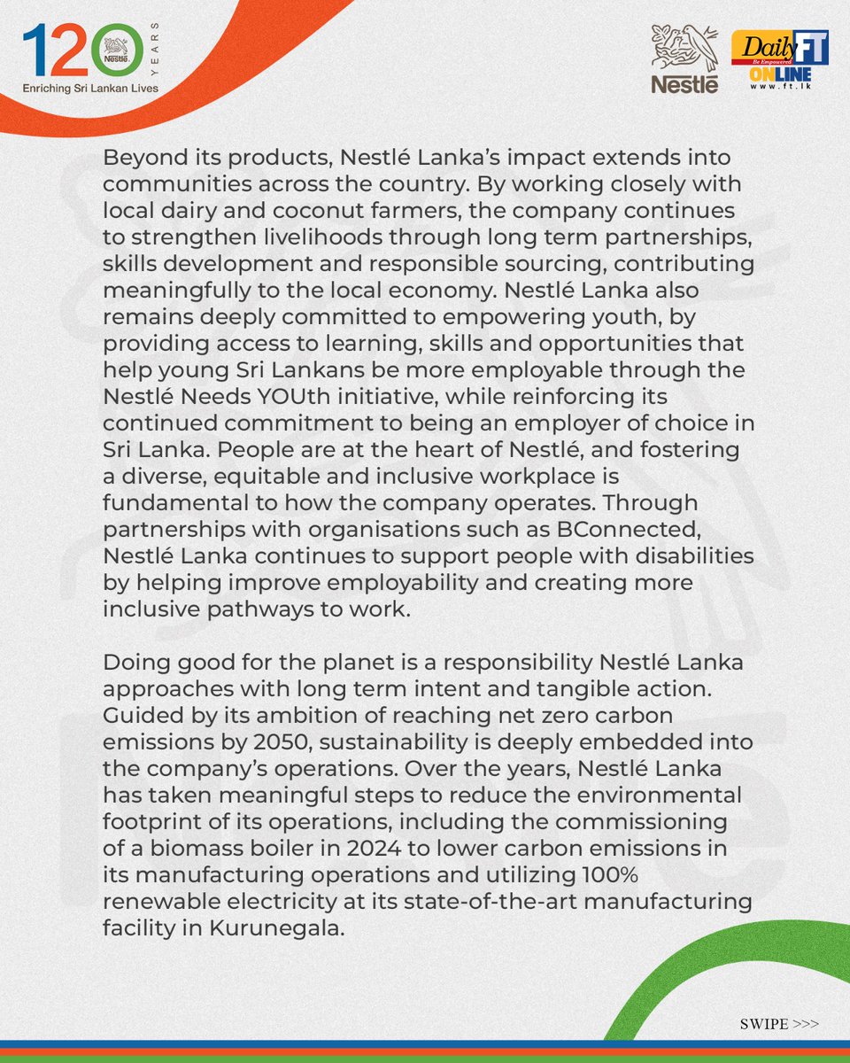 FT_SriLanka's tweet photo. Nestlé Lanka marks 120 years of operations in Sri Lanka, reflecting a legacy of nourishing generations, supporting local communities, empowering youth, and driving sustainable progress. 🇱🇰🌱
#NestleLanka #120YearsOfNestle #WorkingTogetherForGood #GoodFoodGoodLife https://t.co/miOHf8wBh1