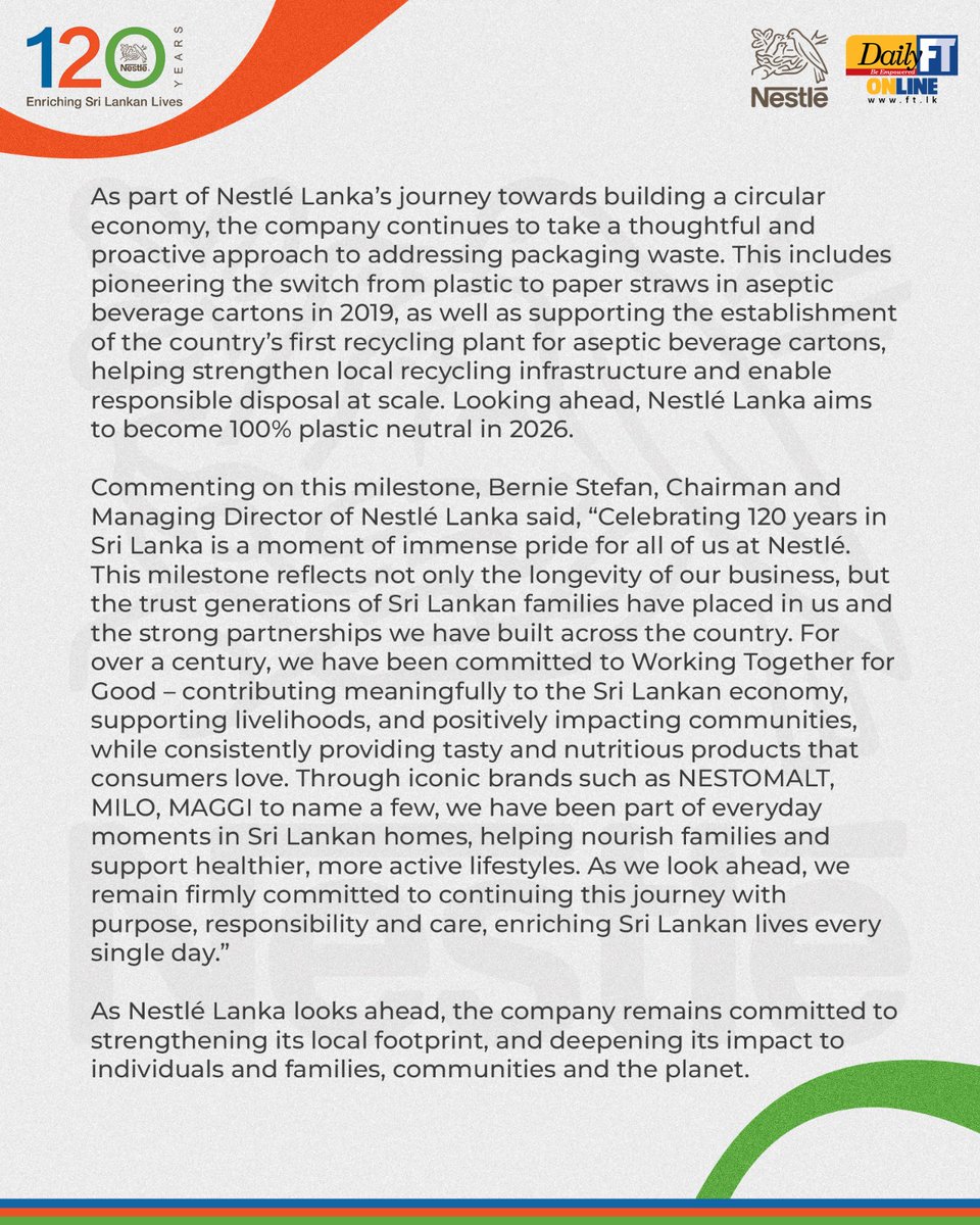 FT_SriLanka's tweet photo. Nestlé Lanka marks 120 years of operations in Sri Lanka, reflecting a legacy of nourishing generations, supporting local communities, empowering youth, and driving sustainable progress. 🇱🇰🌱
#NestleLanka #120YearsOfNestle #WorkingTogetherForGood #GoodFoodGoodLife https://t.co/miOHf8wBh1
