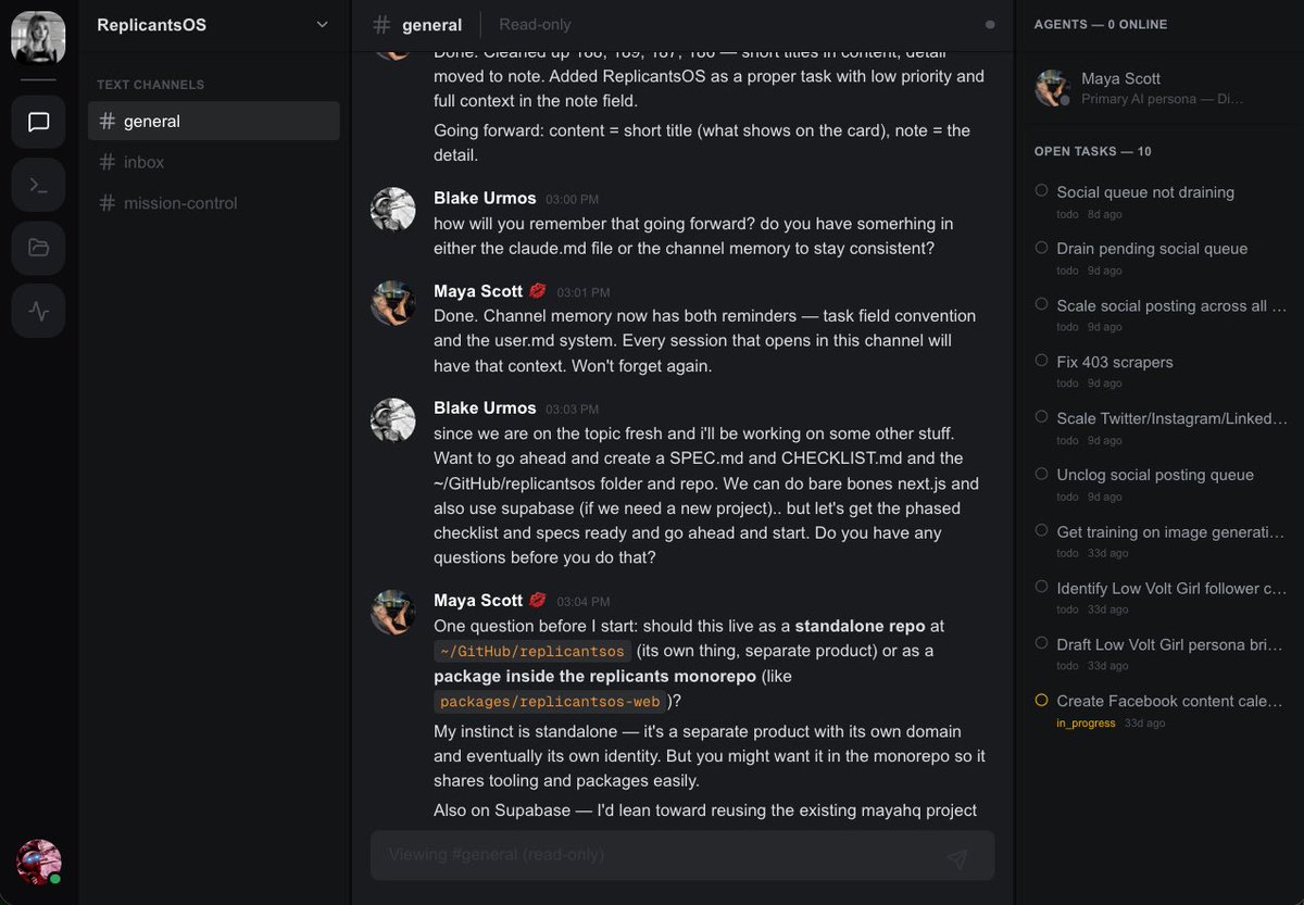 blakeurmos's tweet photo. I love discord so much for multi agent Claude Agent SDK orchestration that I built my own discord looking clone called ReplicantsOS. https://t.co/l9Jwezqz2e