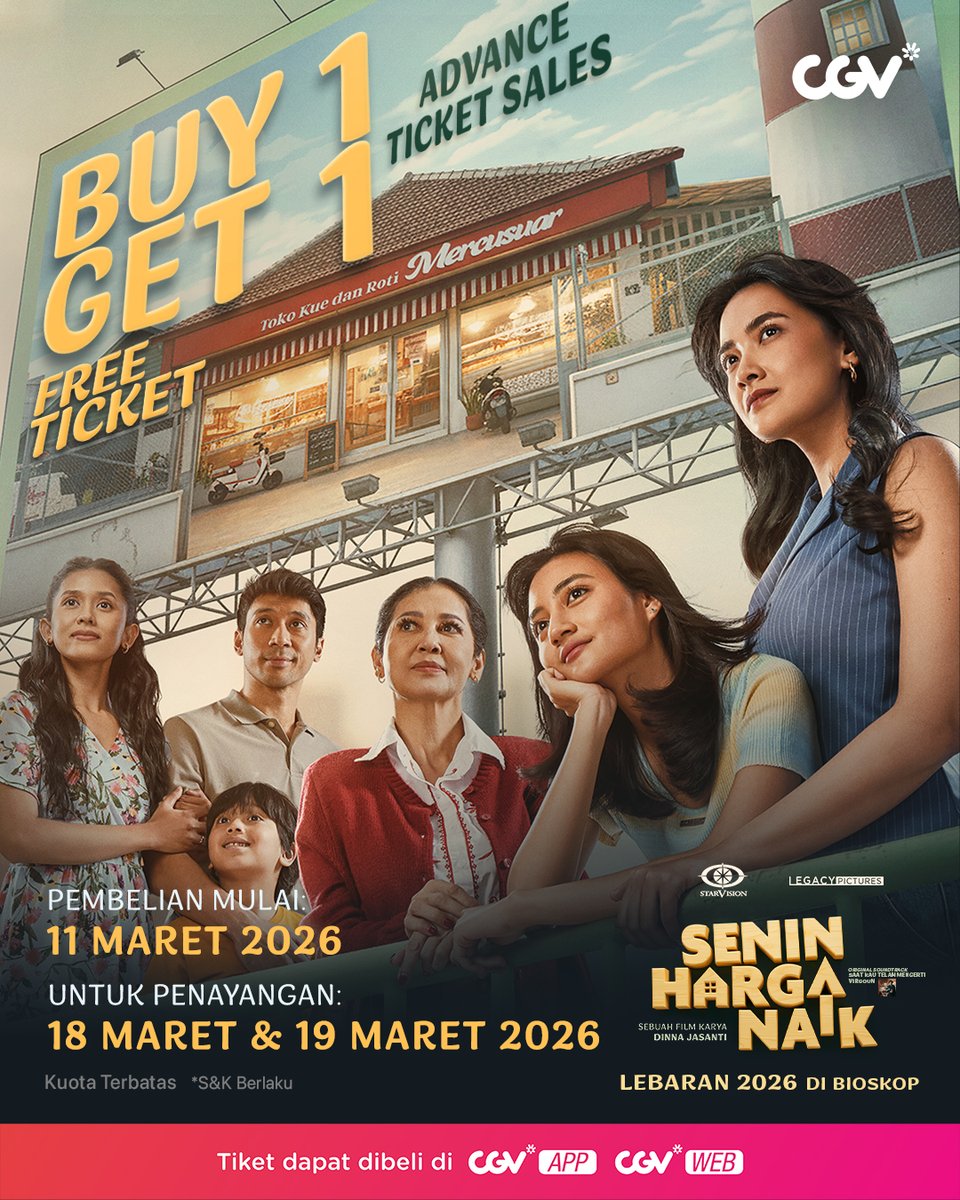 CGV_ID's tweet image. Yeay! Buruan beli tiket film-film seru Lebaran 2026 dengan promo BUY 1 GET 1 FREE di CGV!

Beli tiketnya di app/web CGV!

#FilmLebaran #PelangidiMars #NaWilla #TungguAkuSuksesNanti #SeninHargaNaik #SemuaSerudiCGV