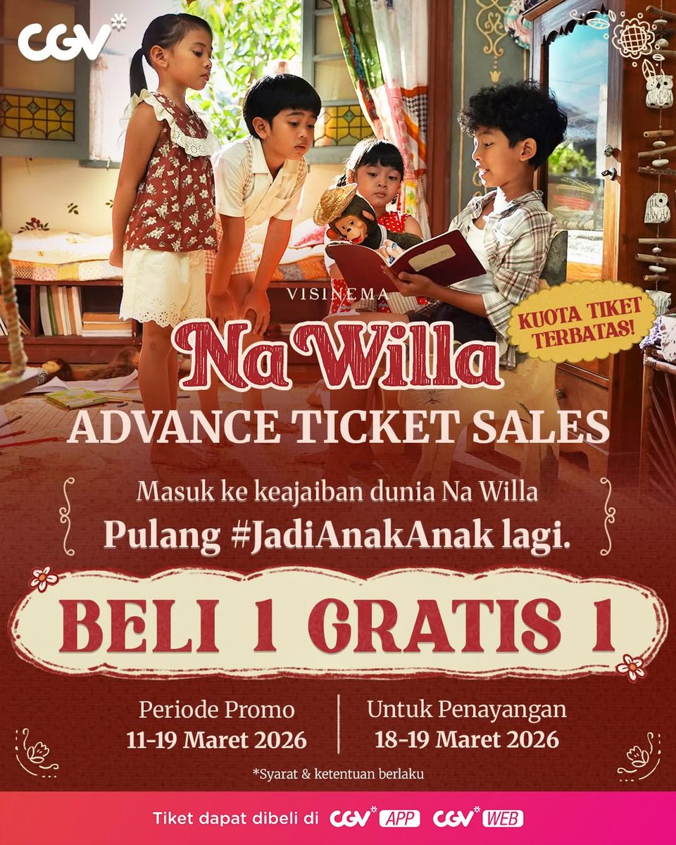 CGV_ID's tweet image. Yeay! Buruan beli tiket film-film seru Lebaran 2026 dengan promo BUY 1 GET 1 FREE di CGV!

Beli tiketnya di app/web CGV!

#FilmLebaran #PelangidiMars #NaWilla #TungguAkuSuksesNanti #SeninHargaNaik #SemuaSerudiCGV
