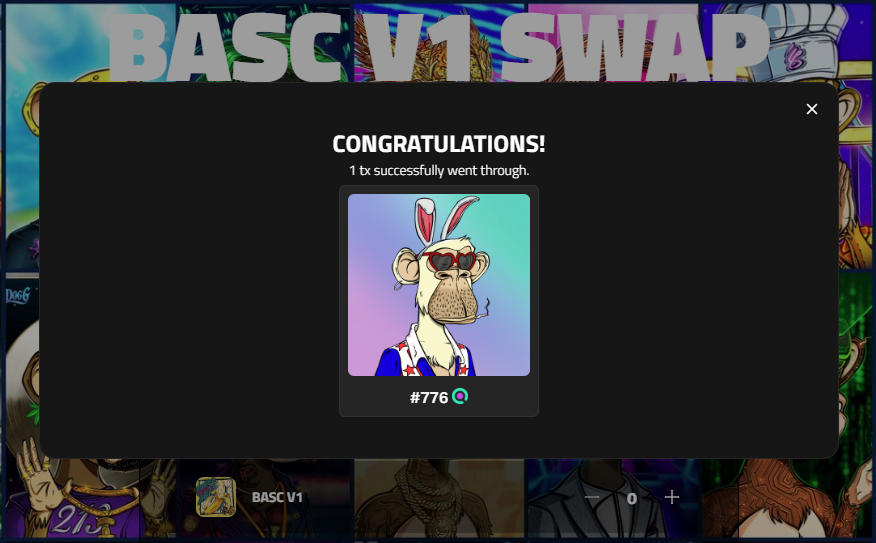 I had some fun tonight with the <a href="/BoredApeSolClub/">Bored Ape Solana Club</a> V1 Swap site and grabbed this 🐰🐵! Finally got myself a V1! 💜💙
<a href="/GotmLabz/">GOTM Labz</a> keeps delivering with these awesome tools! 💪