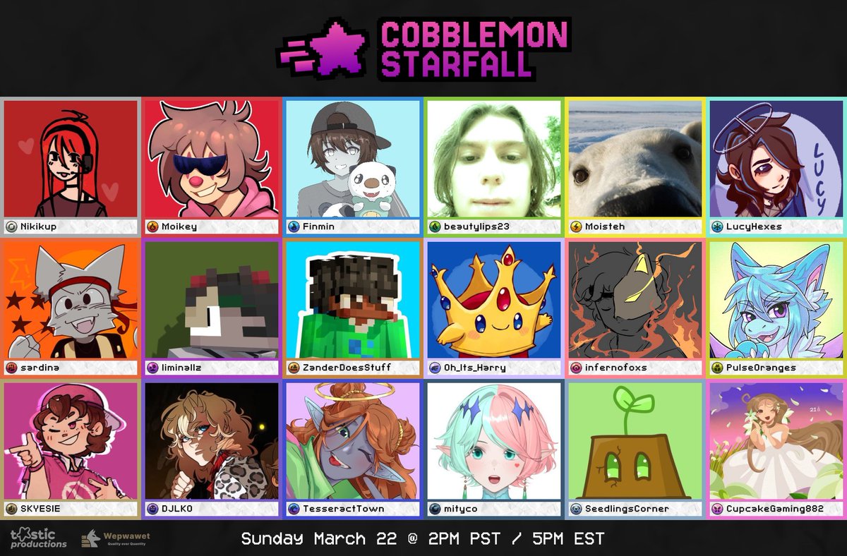 Introducing the #CobblemonStarfall gym leaders:

<a href="/Nikikup/">Nikikup</a> <a href="/moikbuscus/">Moikey</a> <a href="/Finmin_/">Finmin</a> <a href="/bootylips23/">bootylips beautylips</a> <a href="/Moisteh_/">Moist</a> LucyHexes <a href="/sardin4_/">sardina</a> <a href="/liminallz/">liminallz</a> <a href="/blazedzand/">ZanderDoesStuff 🩸🚦💫</a> <a href="/oh_its_harry/">oh_its_harry</a> <a href="/infernofox1234/">Inferno</a> <a href="/PulseOrigins/">Pulse</a> <a href="/sskyesiee/">SKYESIE</a> <a href="/djlko2/">DJLKO</a> <a href="/TesseractTown/">TesseractTown/Kyra</a> <a href="/EMintyco/">mityco</a> <a href="/SeedlingsCorner/">Seedling</a> <a href="/CupcakeGamer882/">Emily | CupcakeGaming882 🎗️🩷💛</a>