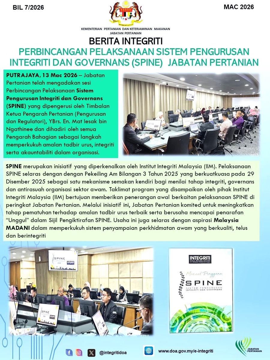 Integritidoa's tweet photo. Berita Integriti Bil. 7/2026 - Perbincangan Pelaksanaan Sistem Pengurusan Integriti dan Governans (SPINE) Jabatan Pertanian
#myDOA
#integritiDOA
#integriticerminanperibadi
#MalaysiaMADANI
#berkhidmatuntuknegara https://t.co/MJtcF6Lplm