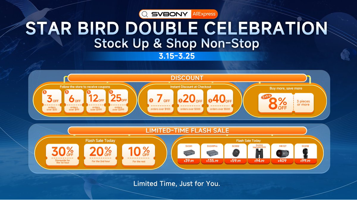 SVBONY_ALI's tweet photo. 🚨 SVBONY LIVE ALERT! 🚨
Star Bird Double Celebration: Stock Up & Shop Non-Stop
📅 Live Time: March 16th, 0:00 PDT
📺 Watch LIVE: YouTube & Facebook
🛍 Shop on: Aliexpress SVBONY Official Store
link:https://t.co/67pxJPBCI5
#AstronomyDeals #LiveSale #TelescopeOffers #SVBONYLIVE https://t.co/QPVmZe5pK9