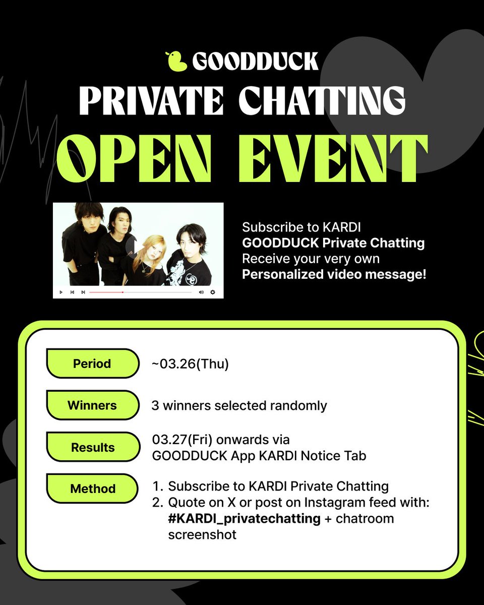 goodduck_kr's tweet photo. 📣 KARDI GOODDUCK Private Chatting OPEN
Chat with your favorite artist now 💬

✔️ Subscribe to GOODDUCK Private Chatting
1️⃣ Click Chat from the bottom menu bar
2️⃣ Purchase artist’s chat subscription and start chatting

👇 Sign up on GOODDUCK app via the link below
https://t.co/wXwh1CgEeN

🎁 Don't miss out the Private Chatting Open Event!

#굿덕 #GOODDUCK #카디_굿덕프라이빗채팅 #KARDI_privatechatting
#카디 #KARDI @kardiofficial
