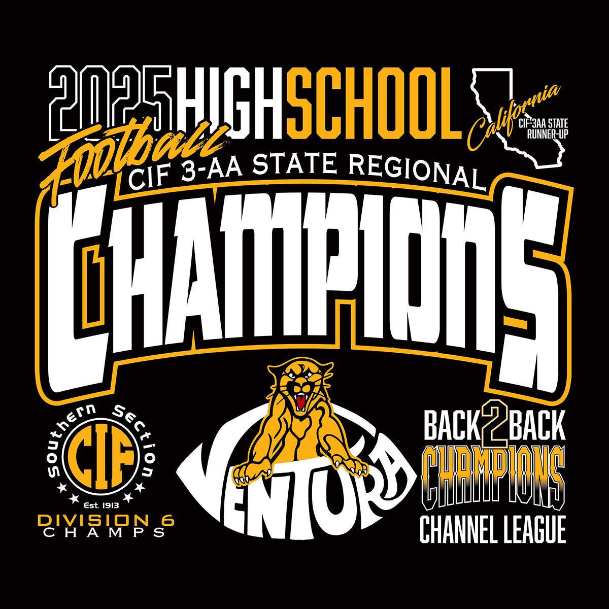 VenturaFootball's tweet photo. Cougar Country, it’s time! 🏆
Championship 2025 Gear is available!
Support our CIF D6 Champs • State Regional Champs • State Runner‑Ups and help sponsor their Championship Rings!
📦 Shipping available
📅 Pick‑up: May 2 | 10am–1pm @ Ventura High
https://t.co/1116wwAlQl https://t.co/Q78p2Nmhhh