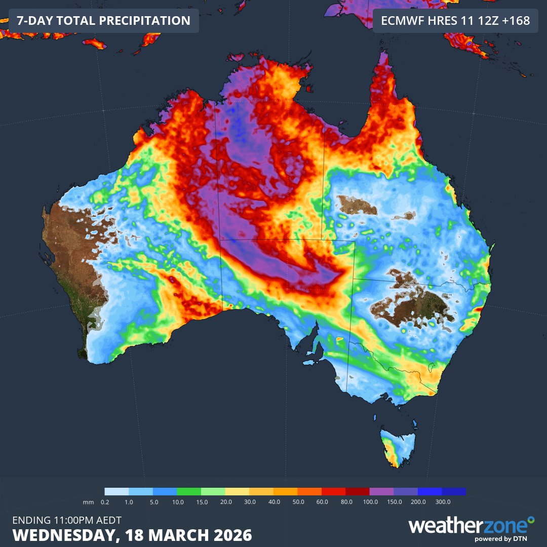 weatherzone's tweet image. #Rain will soak large areas of #Australia during the middle of March, continuing a wet start to #autumn that has caused #flooding in several states and territories. ☔️⚠️ weatherzone.com.au/news/wet-start…