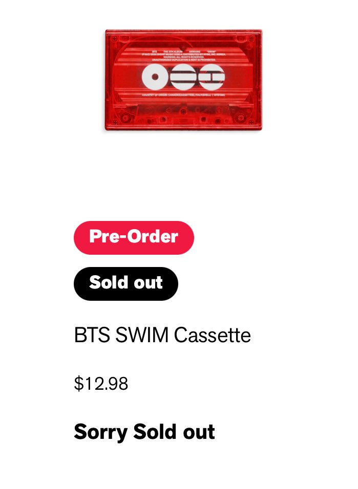 btschartsxdaily's tweet photo. [NEWS] #BTS_SWIM Cassette is now SOLD OUT on US Store! 🇺🇸
https://t.co/HpZHvQ8N9U https://t.co/wYijzrMipB