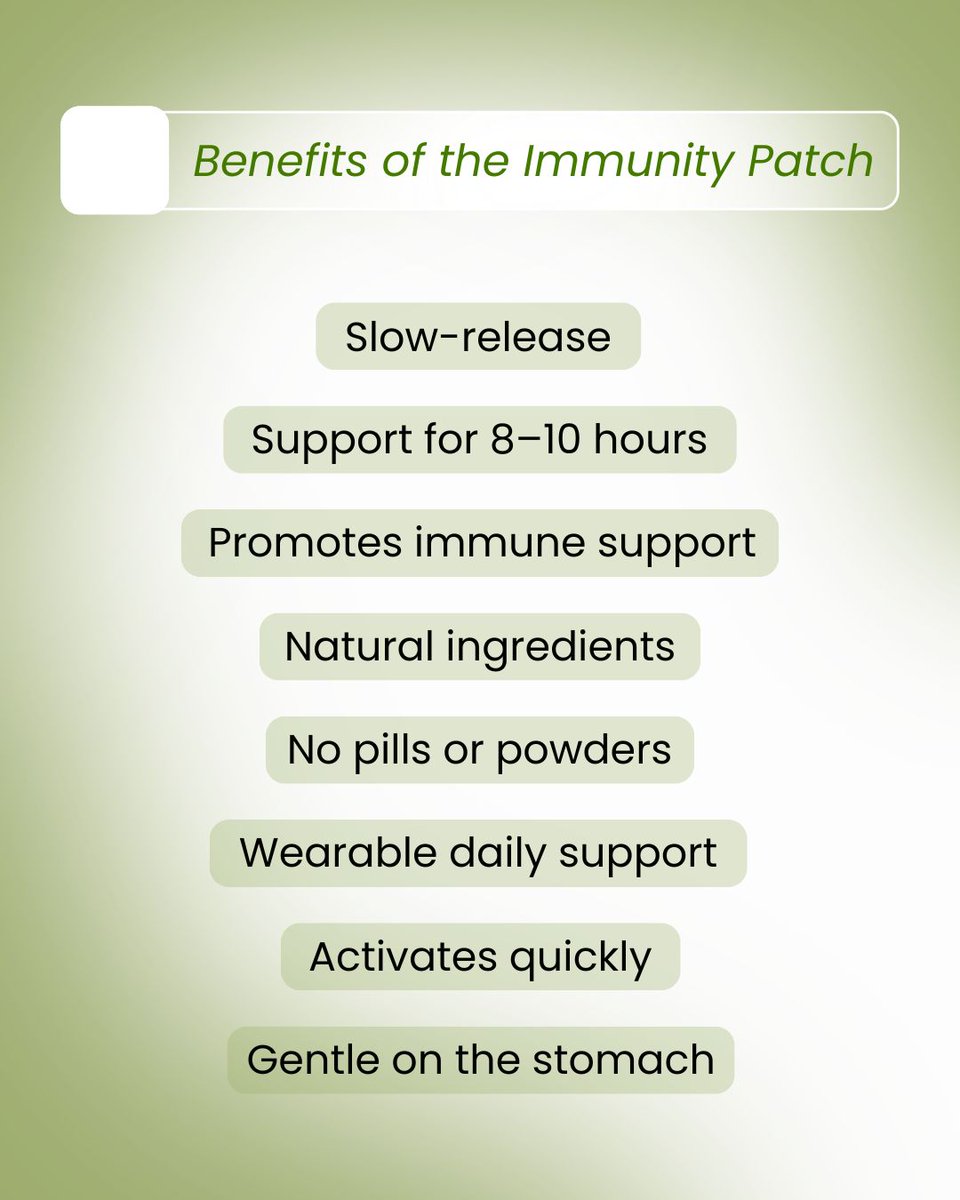 VibePatches's tweet image. Daily defense, made simple.

Natural ingredients delivered through a slow-release patch designed to support your body throughout the day. No pills. No powders. Just simple wellness.

✨ BUY 2 GET 2 FREE ✨

#VibePatches #ImmunityPatch #WearableWellness #VitaminPatch #DailyDefense
