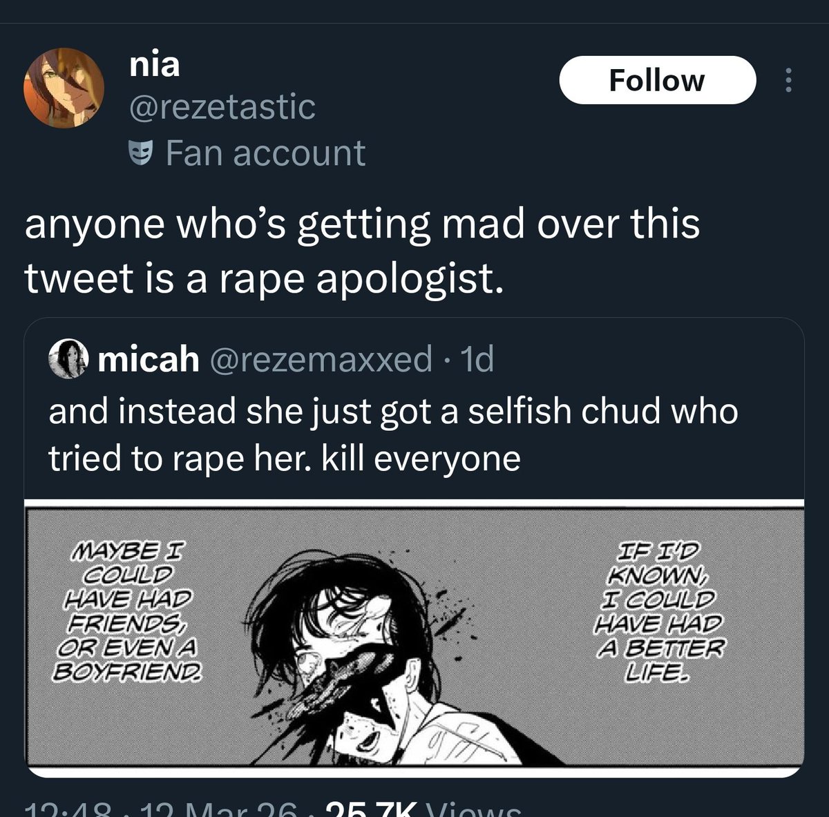 "If you disagree with my manga take you are an irl rape apologist" yall are genuinely insane