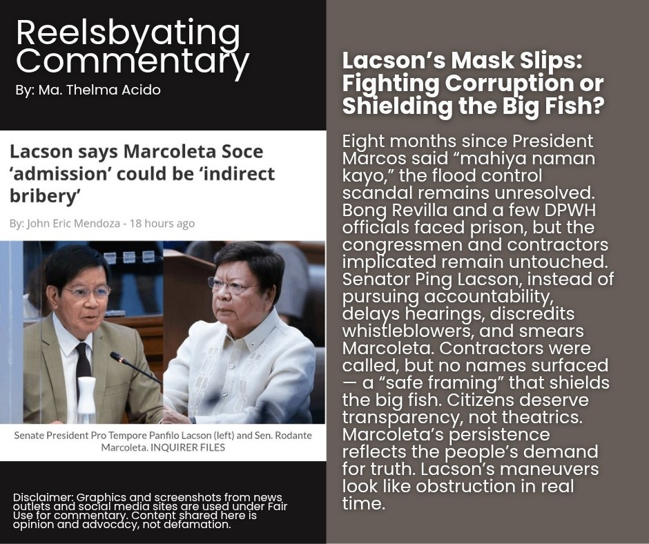reelsbyating's tweet image. The Filipino people are watching. Release the report. Name the masterminds. Protect whistleblowers. End the circus.  
#ExposeTheBigFish #NoMoreCoverUps #FloodControlScandal #AccountabilityNow