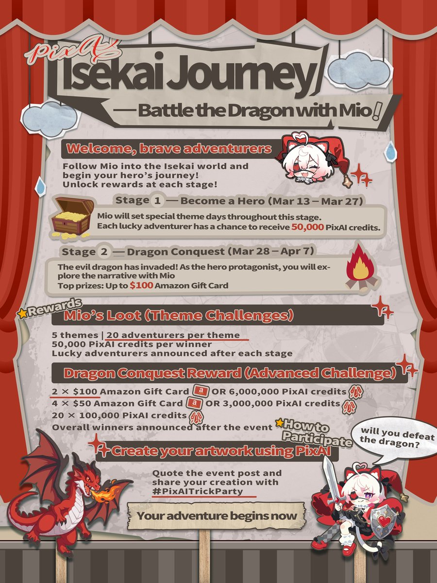 PixAI_Official's tweet photo. [Official Event] 
PixAI Isekai Journey: Battle the Dragon with Mio! Welcome, brave adventurers ✨ 
Follow Mio into another world and begin your hero’s journey!
This Isekai adventure will unfold in two stages. 
Top prize: $100 Amazon Gift Card 
Stage Rewards: 50,000 PixAI Credits per theme 

Check the details in the image

#PixAITrickParty