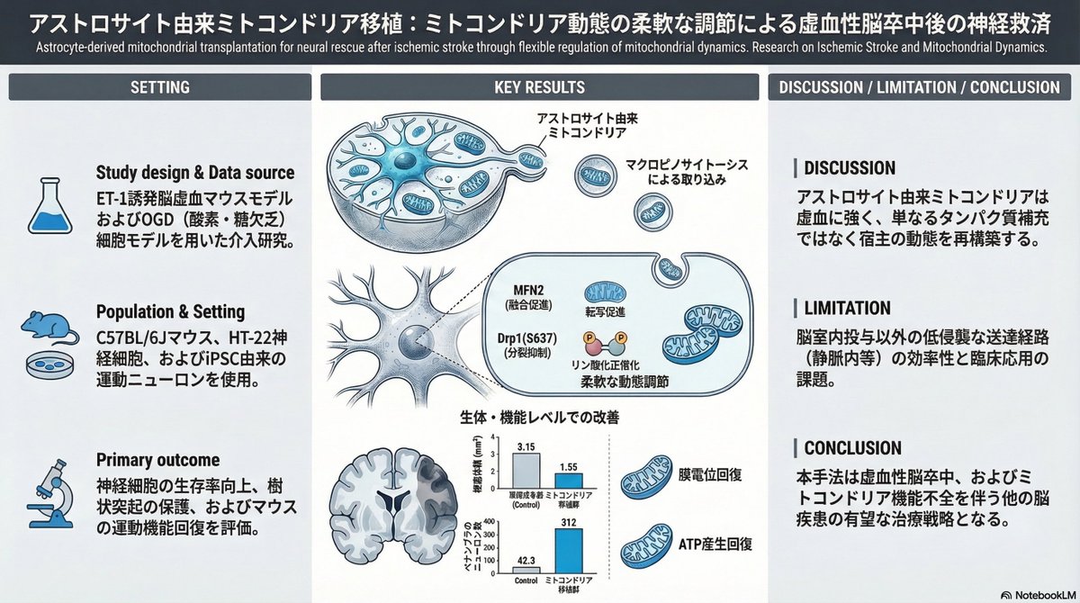 thmonk_pf's tweet image. 虚血耐性を持つastrocyte mitochondriaをmouse脳虚血に移植するとneuronにmacro pinocytosisで取込まれMFN2転写活性化による内在性融合促進/Drp1 S637燐酸化による分裂適正化の二重調節を介しOXPHOS/MMP/BCL-2を回復させ運動機能改善

OA

#ischemia 
#mitochondria 
#papers 
onlinelibrary.wiley.com/doi/10.1002/an…