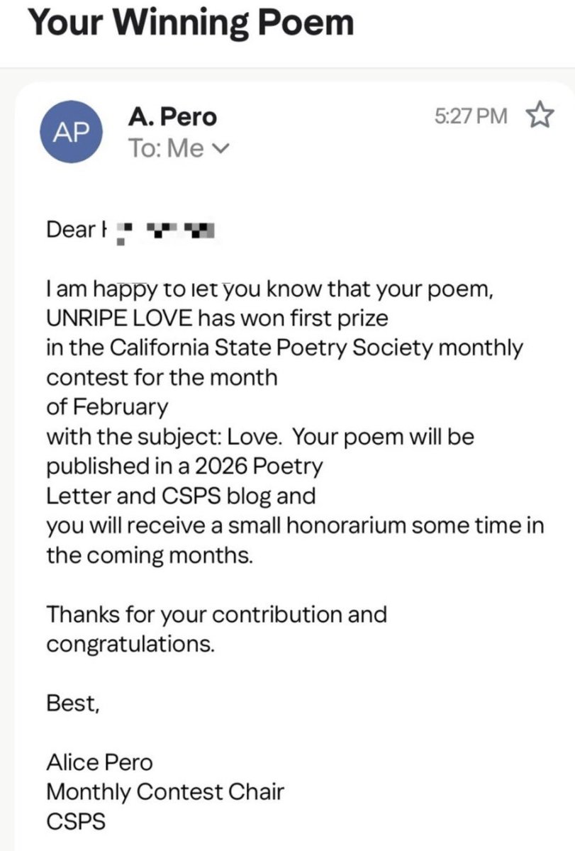 X친님들께💝
기쁜 소식을 전합니다.함께 기뻐해 주실거죠^^
제 시 〈Unripe Love〉가
2026 CSPS Feb  Poetry Contest에 
1등으로 선정 된 멜을 받았습니다.
늘 제 시를 읽어 주시고 응원해 주신 X친님들께 감사 드립니다. 공식적으로 저널에 실리면 그때 이곳에 놓아 두겠습니다.