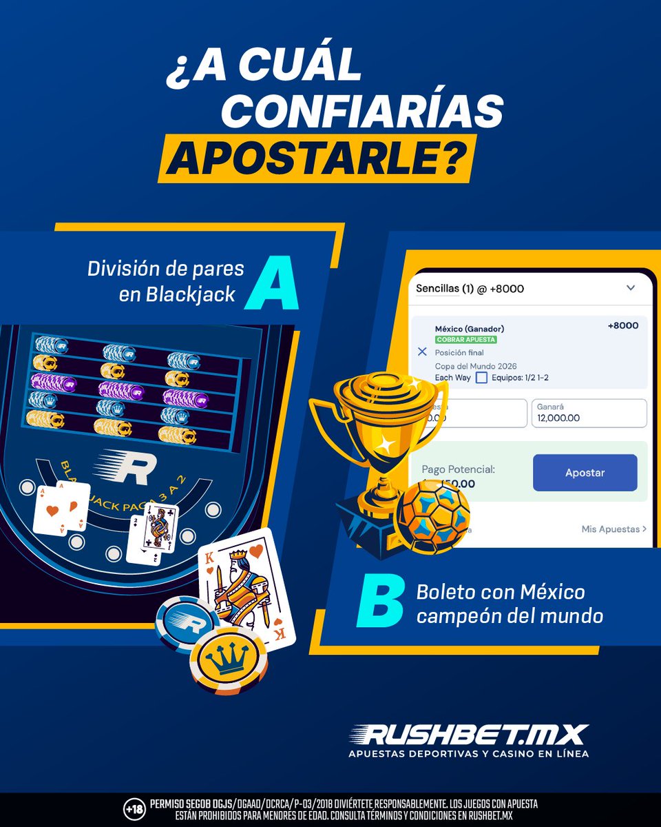 Dividir en Blackjack o apostar por México campeón. ¿Cuál te la juegas? 🃏🎰⚽🇲🇽

👉 rushbetmx.onelink.me/oJcJ/0cxuiiy0