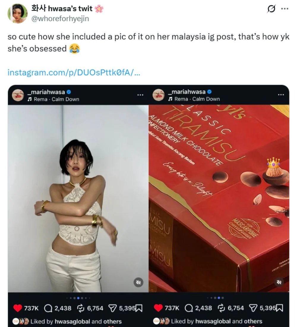 HypeMY's tweet photo. They said whatever #MAMAMOO #마마무 #Hwasa #화사 recommends will surely be a viral hit. Recently, the K-pop idol shared her current favourite chocolate: Beryl’s Tiramisu Almond Chocolate, sparking excitement amongst Malaysian fans.

The “Good Goodbye” singer even said that that sweet treat is one of the best chocolates she has eaten, adding that she bought several boxes of it the last time she was in Malaysia. Fans are now saying Beryl’s should make the star their brand ambassador.

Read more via link in our bio.
