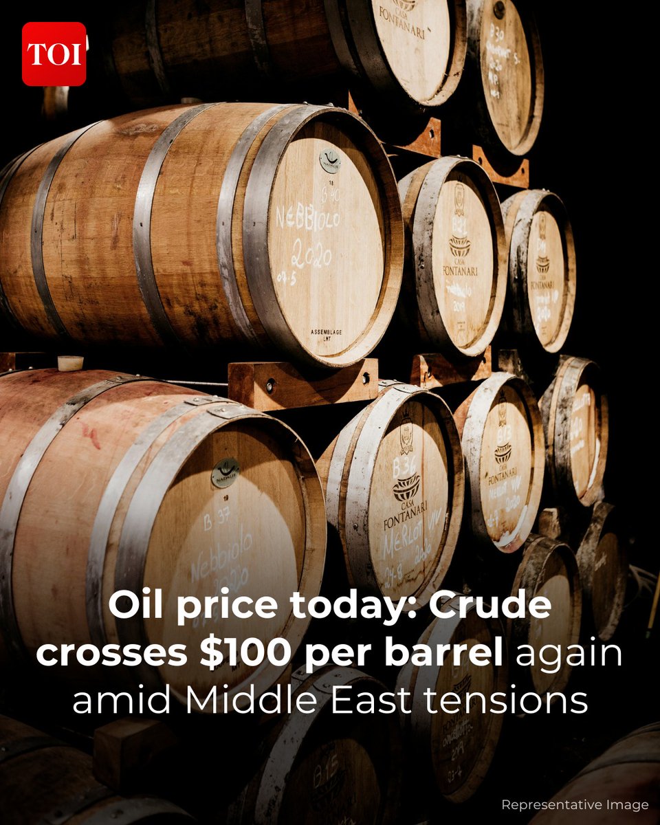 timesofindia's tweet image. The #MiddleEast crisis impact has continued to spill across global oil supply chains, once again pushing crude prices beyond the $100 mark. Brent crude, the global #oil benchmark, rose slightly after moving past $100 a #barrel on Thursday (local time), gaining 0.20% to trade at