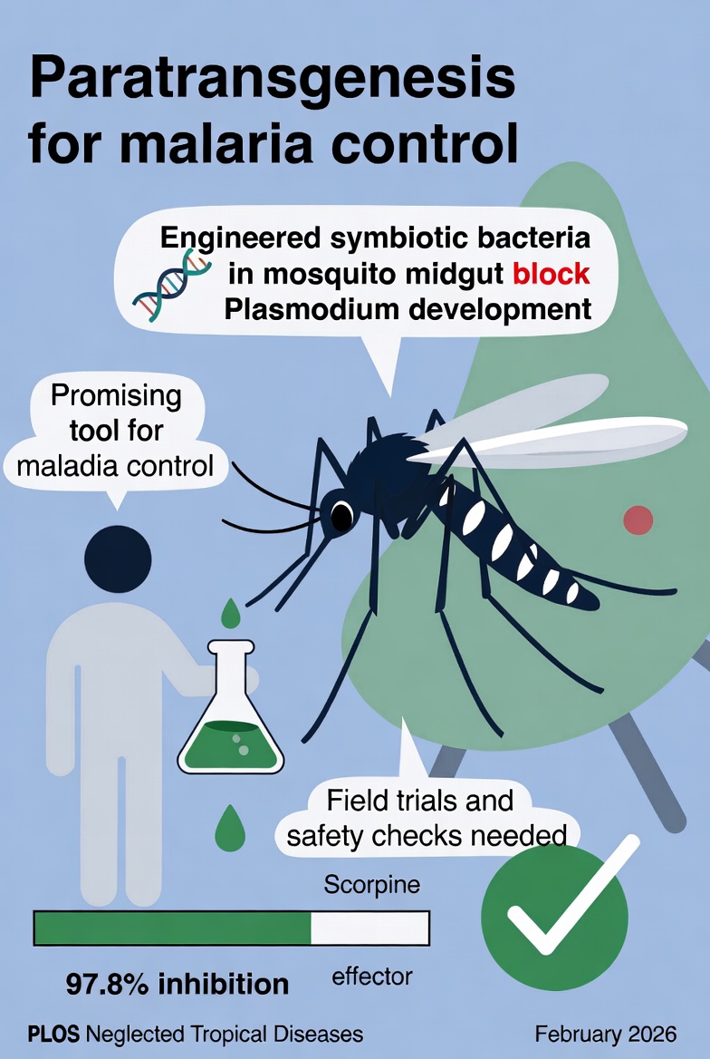 2026 breakthrough? 
Systematic review shows paratransgenesis w/ engineered bacteria (esp. Scorpine) inhibits malaria parasites in mosquitoes by up to 98%! Next step: real-world safety &amp; deployment. #Science #VectorControl DOI: 10.1371/journal.pntd.0013654