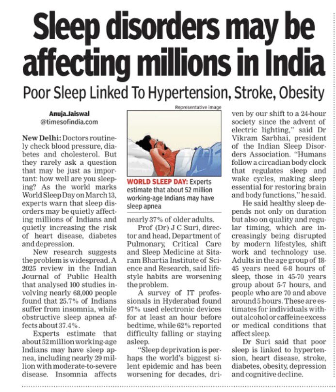 AnujaJaiswalTOI's tweet image. Doctors routinely check blood pressure, diabetes and cholesterol. But they rarely ask a question that may be just as important: how well are you sleeping? As the world marks #WorldSleepDay on March 13, experts warn that #sleep disorders may be affecting millions of #Indians and