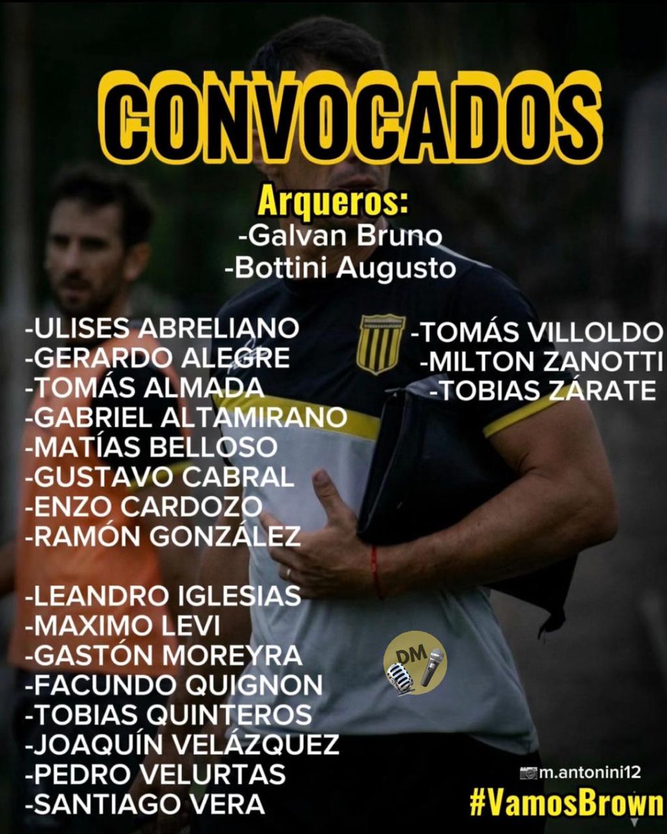LISTA DE CONVOCADOS: La Nómina de Citados dispuesta por el técnico de #AlmiranteBrown; Rodrigo Alonso para visitar éste Viernes desde las 21:00 hs. a #RacingCBA por la 5ta Fecha de la #PrimeraNacional.

#VamosBrown
💛🖤💛