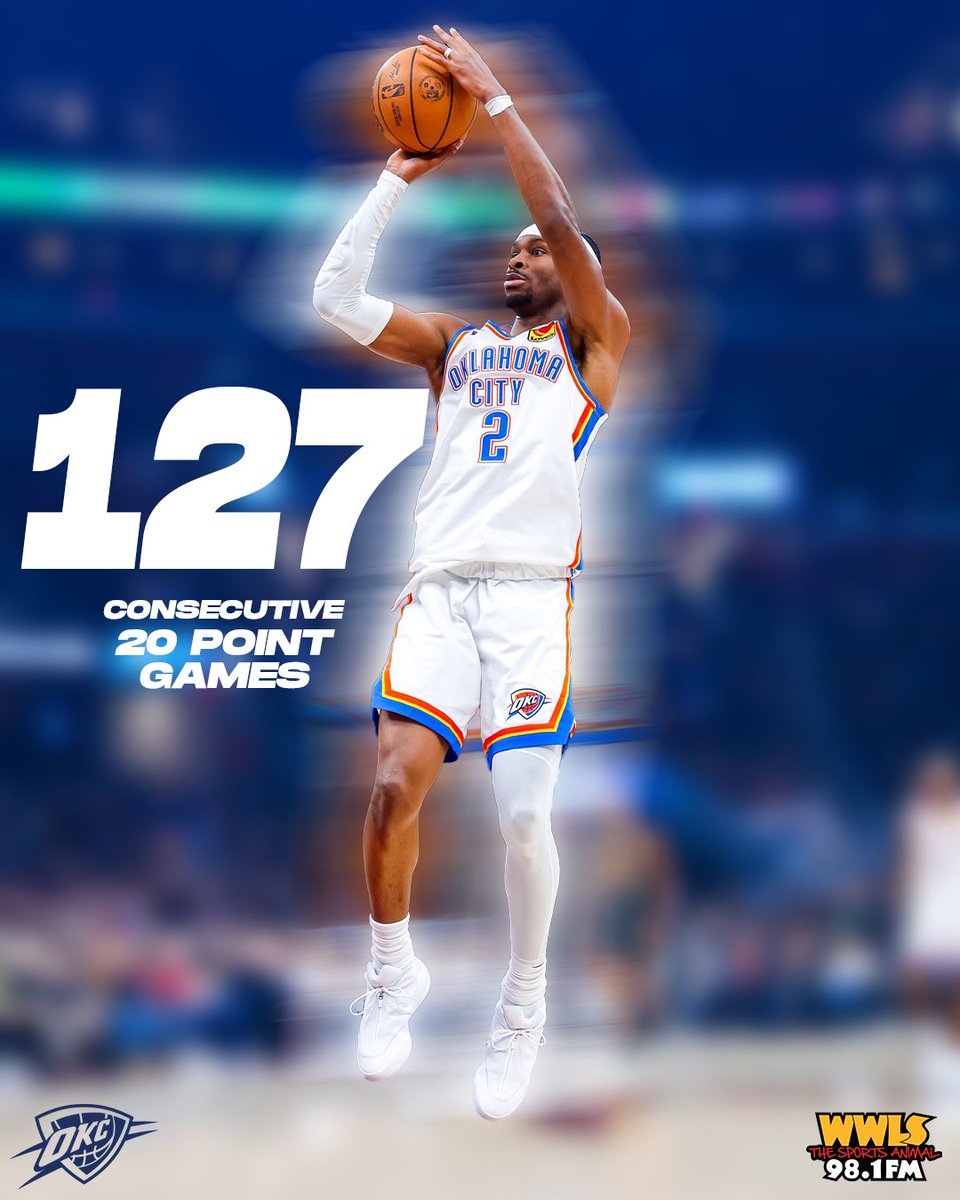 sportsanimal's tweet photo. History in OKC!

Shai Gilgeous-Alexander breaks Wilt Chamberlain's record with 127 consecutive 20 points games!

#ThunderUp https://t.co/ER5EPutA9z