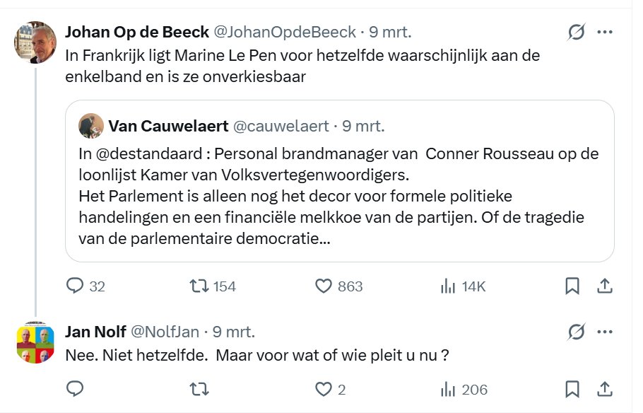 2Plot's tweet photo. Geen antwoord, 2 hartjes, 206 weergaven.
Ondanks je 9404 volgers, bijeengesprokkeld door je ambt jarenlang te misbruiken ter promotie van je eigen mediageil persoontje.
Pretentieuze hashtag #justitiewatcher afgesnoept.
Zou je X niet beter verlaten, @NolfJan 🙂?
Misschien is er op BlueCry nog wat leven in te blazen 😀