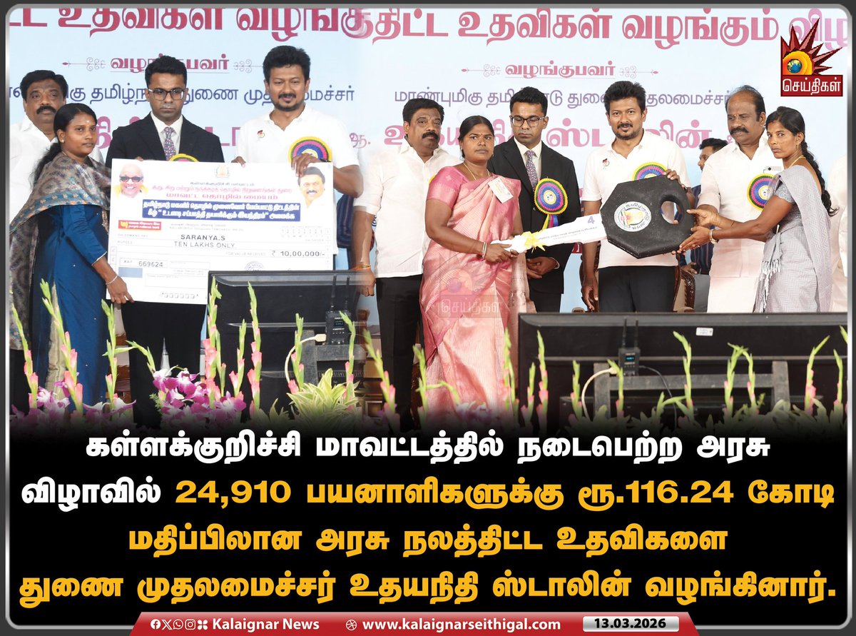 Kalaignarnews's tweet image. கள்ளக்குறிச்சி மாவட்டத்தில் நடைபெற்ற அரசு விழாவில் 24,910 பயனாளிகளுக்கு ரூ.116.24 கோடி மதிப்பிலான அரசு நலத்திட்ட உதவிகளை துணை முதலமைச்சர் உதயநிதி ஸ்டாலின் வழங்கினார்.

#DeputyCM #UdhayanidhiStalin #Kallakurichi #TamilNadu #DravidianModel #KalaignarSeithigal