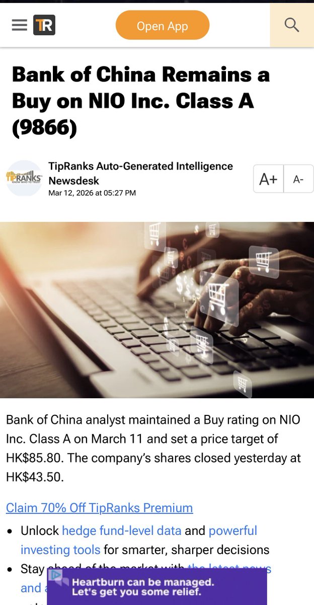 Bank of China maintains a Buy rating on $NIO and sets a PT of $85.80 HKD ($10.96 USD)