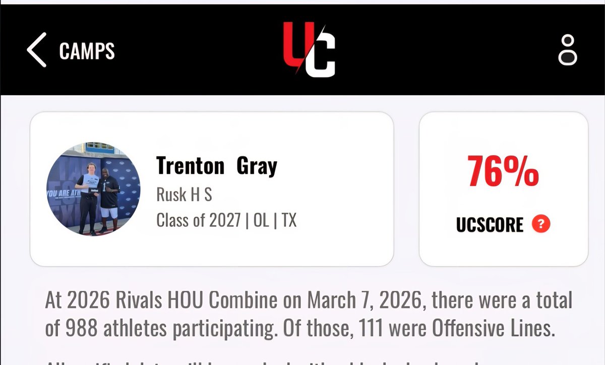 Pleased with my UC Score at the Rivals Houston camp. Lots of good competition to compete against. Now need to fine tune some things. <a href="/Rivals/">Rivals</a> <a href="/RivalsCamp/">Rivals Camp Series</a> <a href="/codycoachwelch/">Cody Welch</a> <a href="/On3/">On3</a> <a href="/TheUCReport/">Billy Tucker</a> <a href="/MikeRoach247/">Mike Roach</a> <a href="/RivalsHS/">Rivals High School</a>