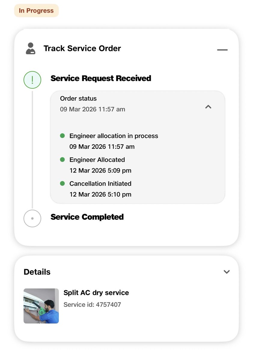 PareshGandhare's tweet photo. @RelianceDigital @RelianceResQ My AC dry service(4757407) request from 9 Mar is still “in progress” via magic cancellation on 12th! Engineer allocated → cancelled in 60 seconds, 0 communication. Complaint(701817100) yesterday = more silence. Classic “service completed” trick? https://t.co/yuP8chphUy