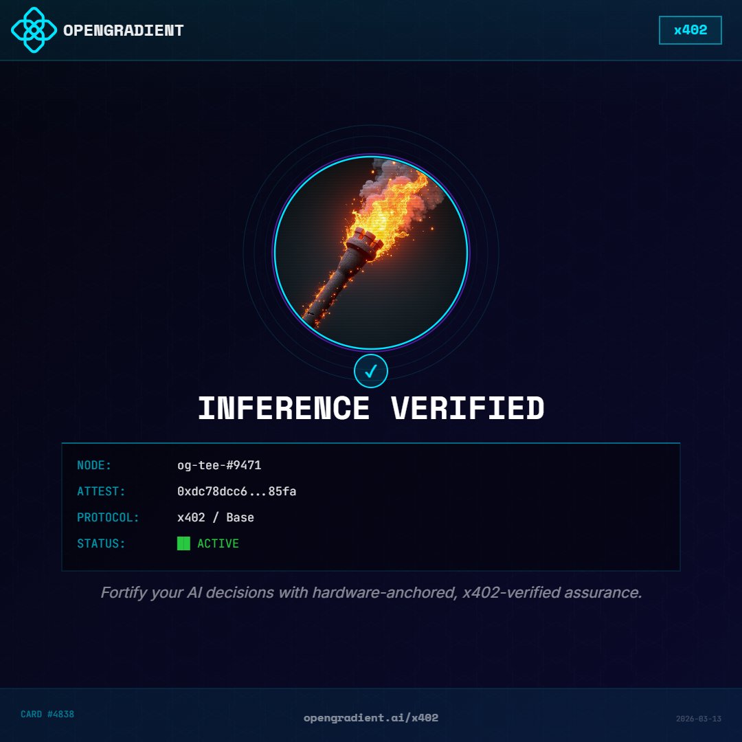 Just got my x402 Verified Inference Card from <a href="/OpenGradient/">OpenGradient (∇, ∇)</a> 🔐

Trustless. Verifiable. On-chain.
The future of AI compute is here.

Generate yours → opengradient-x402-card.vercel.app

#x402 #OpenGradient #VerifiableAI