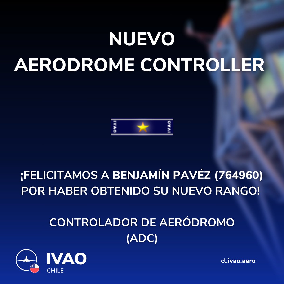 ¡Tenemos nuevo ADC 🤩!

Recuerda que puedes solicitar entrenamiento de Piloto o Controlador a través de nuestro Departamento de Entrenamiento.

-
-
-

#ivao #ivaocl #chile