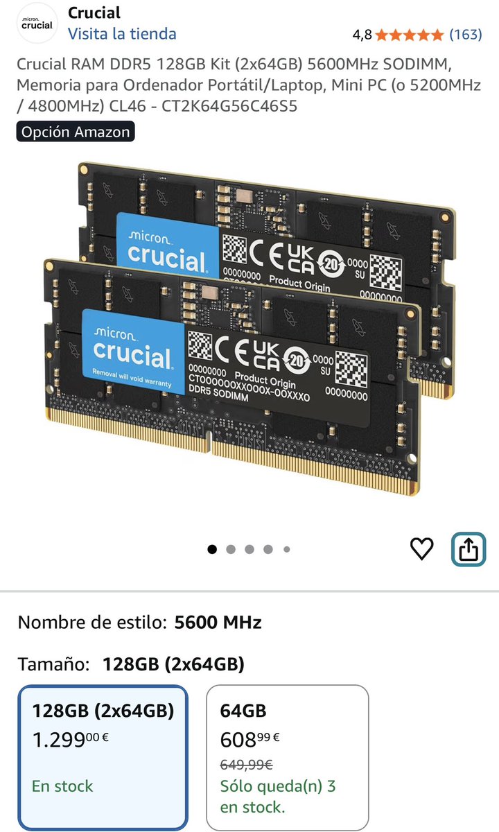 Es curioso que la memoria RAM esté bajando en toda Europa y aquí en España los 128gb de RAM a 930€ lo hayan subido a 1.300€ amzn.to/4707xap