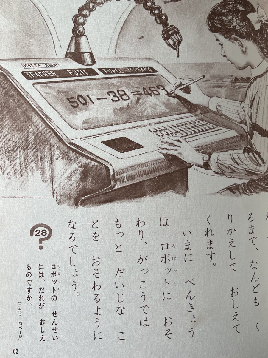 偕成社『ロボットのいろいろ』（昭和45年）
「いまに、勉強はロボットに教わり、学校ではもっと大事なことを教わるようになるでしょう」