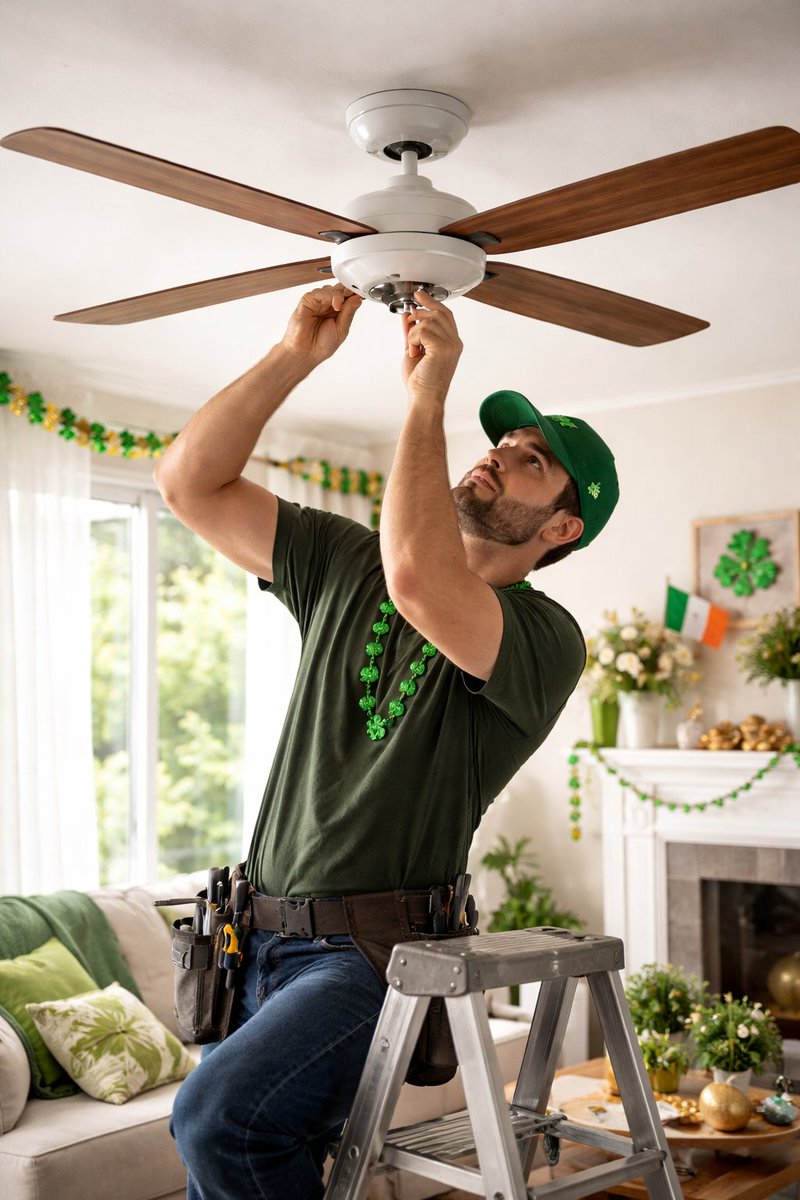 FusionElecKC's tweet image. Happy St. Patrick’s Day from Fusion Electric! 🍀

Ceiling fans bring comfort &amp;amp; airflow while helping reduce HVAC use. Professional installation ensures it’s mounted and wired safely.

Schedule service:
 fusionkc.com/electrical-ser…
#FusionElectric #CeilingFan #KansasCity #Electrician