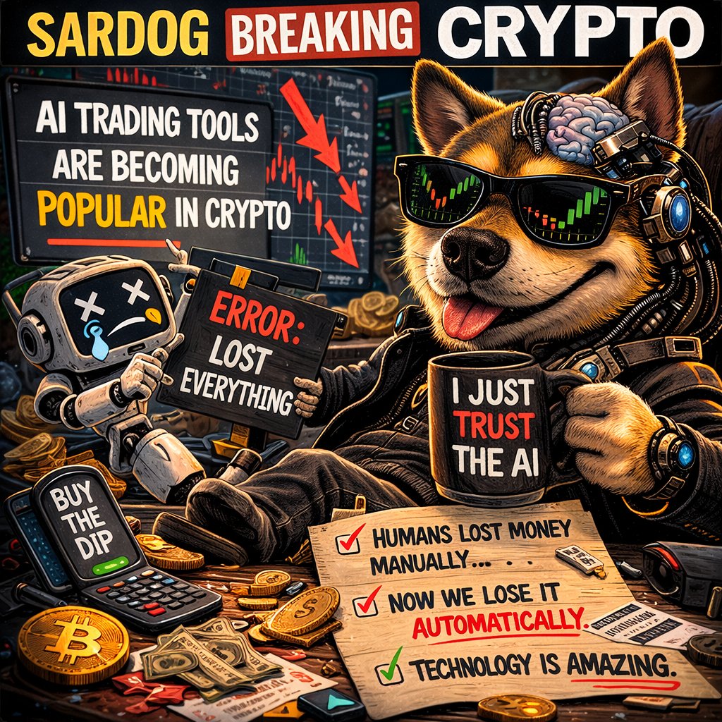 SARGODcoin's tweet photo. SARDOG BREAKING CRYPTO

News: AI trading tools are becoming popular in crypto.

Translation:
Humans used to lose money manually.
Now we can lose money automatically.

Technology is amazing. 🐶📉
#Crypto #AI #Trading #SARDOG