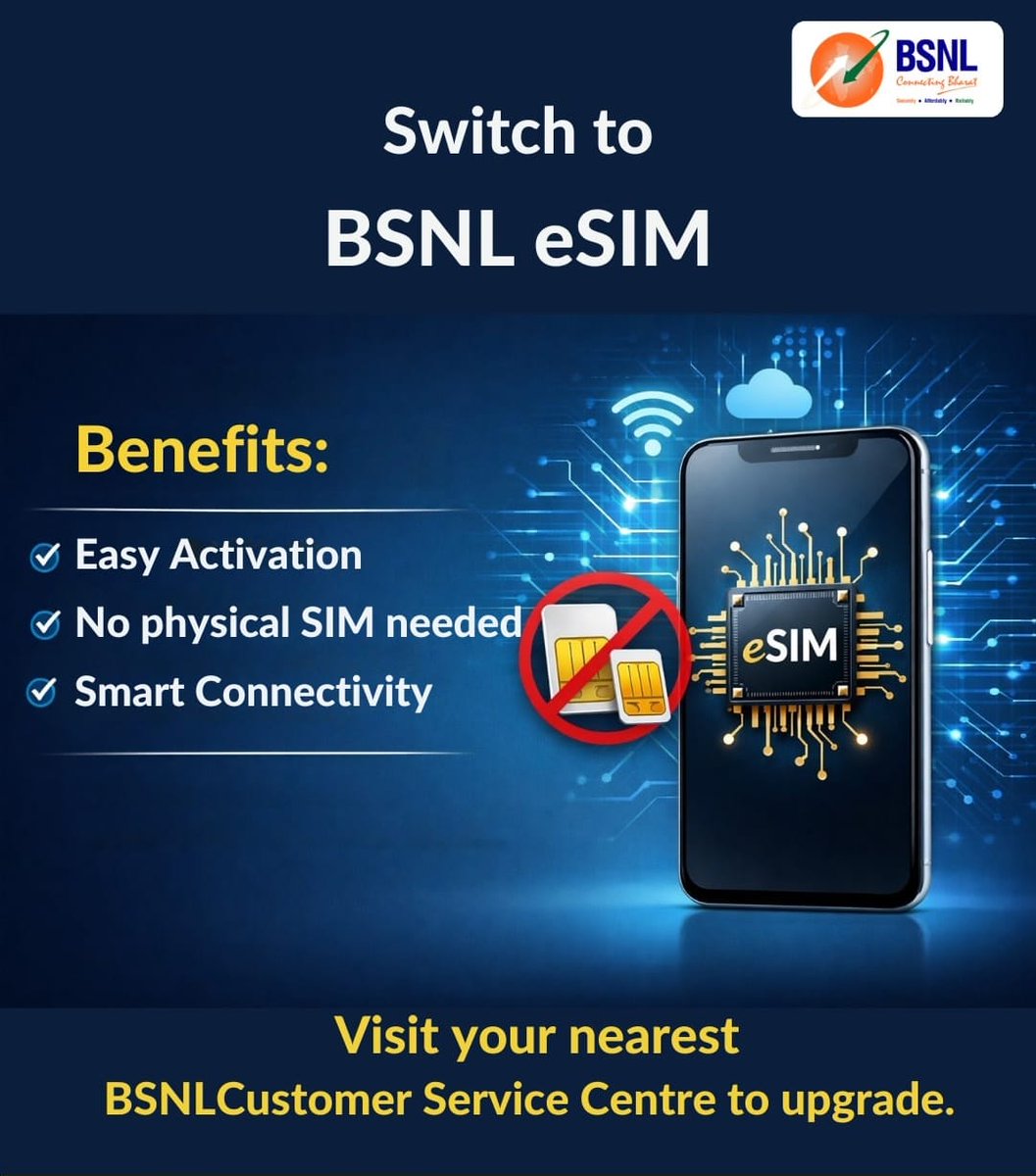 BSNL_HP's tweet image. Switch to BSNL E-SIM today and enjoy:

✅ Easy Activation
✅ No Physical SIM Needed
✅ Smart &amp;amp; Seamless Connectivity

Visit your nearest BSNL Customer Service Centre to upgrade now.

#BSNL #ESIM #BSNL4G #bsnlhp