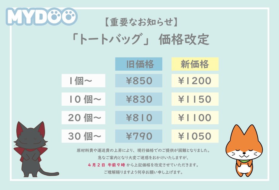 価格改定のお知らせ】 原材料費や運送費の上昇により、以下の商品の
