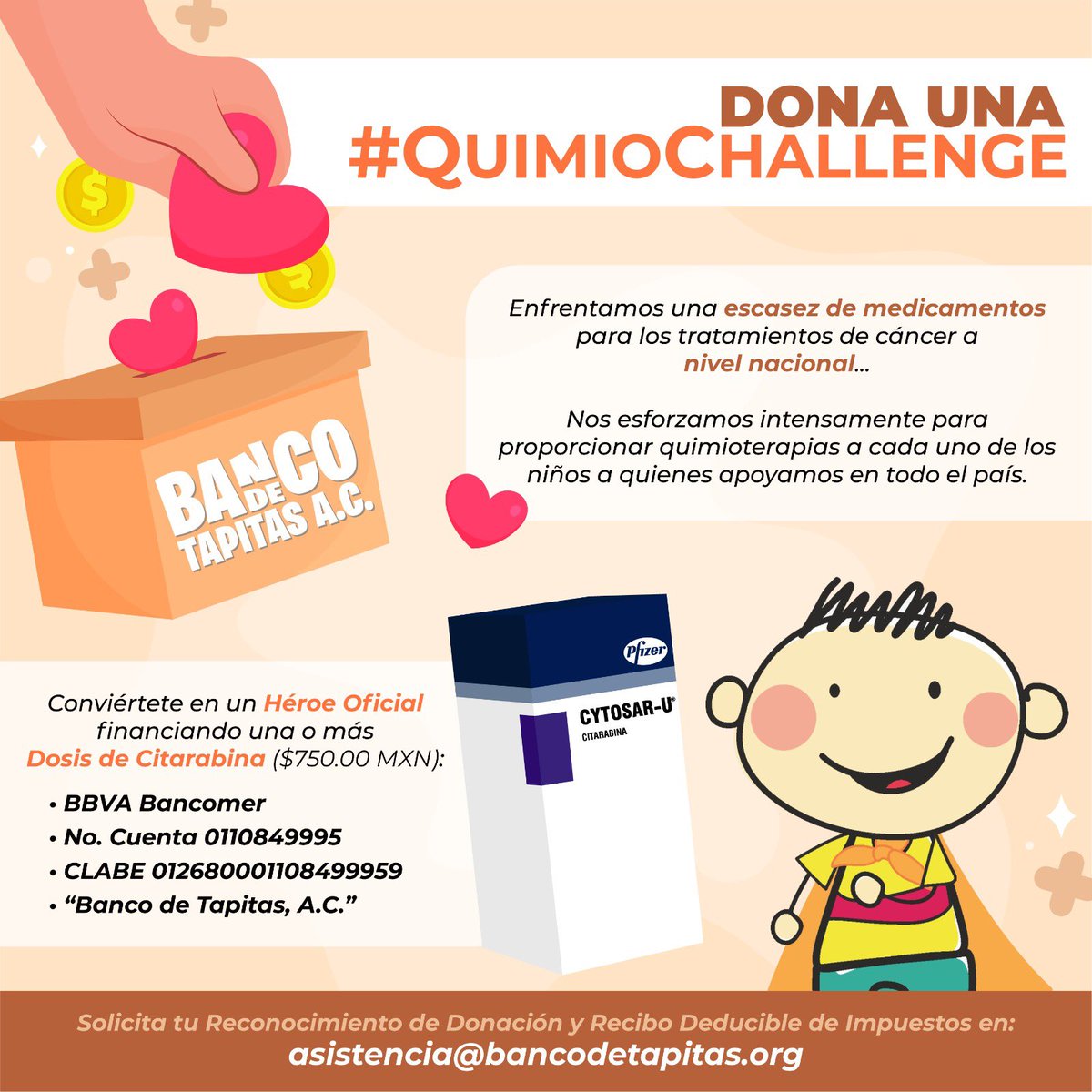 bancodetapitas's tweet photo. #URGENTE #Dona1Quimio

Hoy puedes convertirte en el héroe o heroína que un niño necesita para seguir luchando contra el cáncer. 

En Banco de Tapitas estamos buscando corazones solidarios que quieran sumarse al reto y donar una o más dosis de quimioterapia para nuestros valientes guerreros.

Cada peso suma.
Cada donativo acerca un tratamiento.
Y cada quimioterapia puede cambiar una vida. 🙏✨

💳 Puedes donar aquí:

• BBVA
Cuenta: 0110849995
CLABE: 012680001108499959

• PayPal
https://t.co/PdpNJGiNaX

🔹 Puedes donar desde $1 peso
🔹 Tu donativo es deducible de impuestos

Si no puedes donar en este momento, también nos ayudas compartiendo este reto para que más personas se sumen.

Porque cuando nos unimos… los buenos somos más. 💛🌈