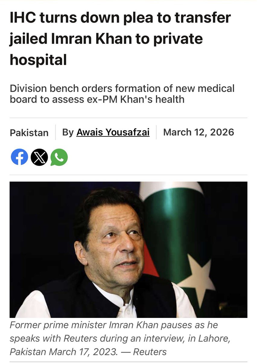 WaqasnawazMD's tweet photo. Imagine a 21st-century Pakistan where a former Prime Minister is asking for proper medical treatment for his eye, which has already lost most of its vision, and yet he is denied. He is not asking to be transferred to a hospital in London; rather, he is asking to be transferred to a local hospital where he can receive fair medical treatment. Imagine the credibility of justice system of a country where one former Prime Minister who is medically ill yet not allowed to meet his sisters, while another former Prime Minister gathers his entire former cabinet inside jail.

This is a Pakistan where the courts allowed one former Prime Minister to fly to the UK on questionable or fake medical reports, yet they force another former Prime Minister to be treated locally in the way they decide, not by his own doctors but by the Government doctors who cannot breath without permission. 

How kangaroo can the courts be when, on one hand, they send a "Friend of the Court" who presents a concerning report about the former Prime Minister’s medical condition, but on the other hand, they seem bound to follow whatever those in power ask them to do?

I feel pity for this system when it raises its voice for human rights in Iran, Palestine, or anywhere else in the world, while burying the very same rights of one of the most famous and beloved people in Pakistan.

Pakistan’s courts often feel like theaters where judges dance like puppets, the powerful sit back as indifferent spectators, and justice is eaten like popcorn.

---------------------------------------------
@ryangrim @MoeedNj @MazMHussain @MichaelKugelman @MarioNawfal