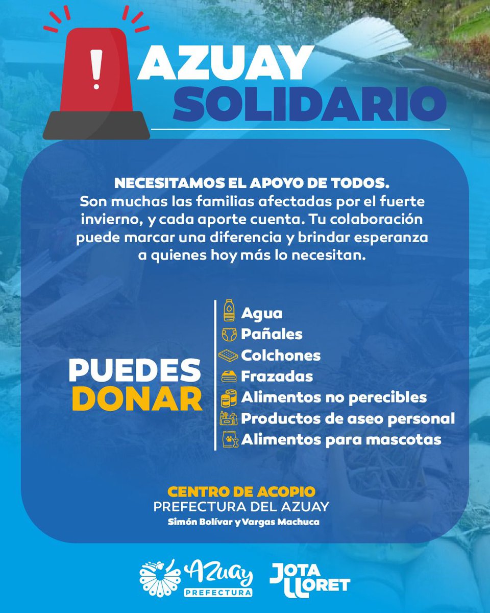 #AzuaySolidario 🤲

Muchas familias atraviesan momentos difíciles por el fuerte invierno en la provincia. 🌧

Tu ayuda puede marcar la diferencia. 🥹

Súmate donando: 👇

💧 Agua
🥫 Alimentos no perecibles
🧼 Productos de aseo personal
🐾 Alimento para mascotas