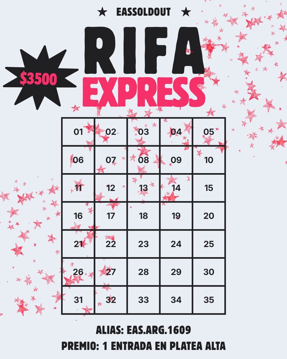 🎟️RIFA EXPRESS🎟️
¡PARTICIPÁ POR UNA ENTRADA EN PLATEA ALTA PARA EL MOVISTAR ARENA DE 5SOS!🤩

35 NÚMEROS A $3500 C/U❕❗

Si te interesa mandanos dm🧡