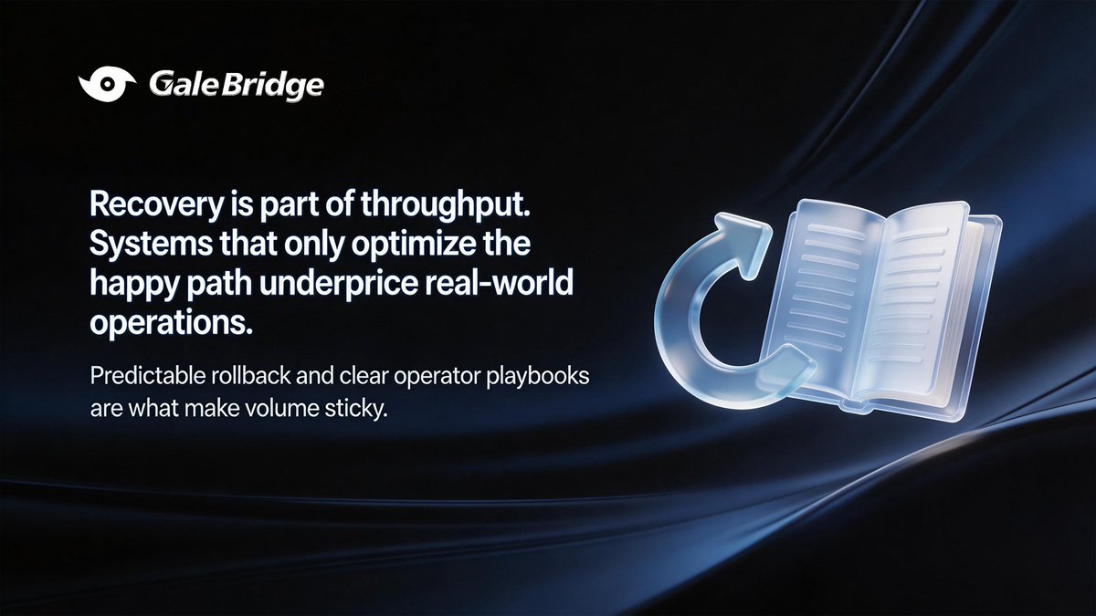 GaleBridge_'s tweet image. Recovery is part of throughput. Systems that only optimize the happy path underprice real-world operations. Predictable rollback and clear operator playbooks are what make volume sticky.
#Reliability #OperationalExcellence #RiskManagement #CrossChain #Stablecoins