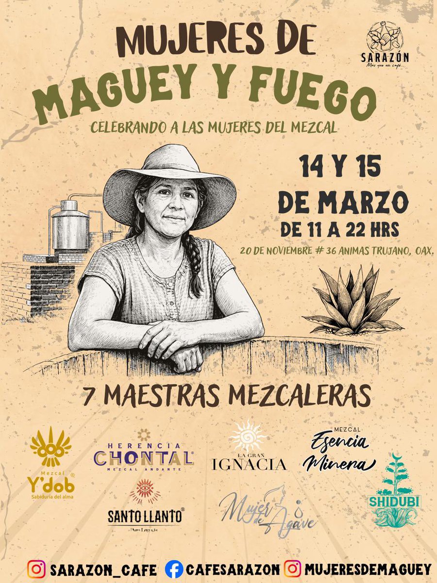 Acompañemos a las maestras mezcaleras en este evento organizado por café Sarazón el 14 y 15 de marzo en el marco del #diainternacionaldelamujer 

Siempre hemos estado presentes en la cadena productiva #agave #mezcal y ahora juntas somos visibles ✨