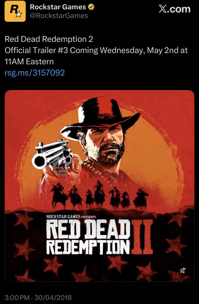 MrkelsGame's tweet photo. “Red Dead Redemption 2 
Official Trailer #3 coming Wednesday. May 2nd at 11AM Eastern”

Here’s the proof how they announced Rdr2 trailer 3 in 2018 … I really hope we get something similar like this in April for GTA 6 Trailer 3 

Who else can’t wait for GTAVI next trailer 👋? https://t.co/ZM8sRIu3x5